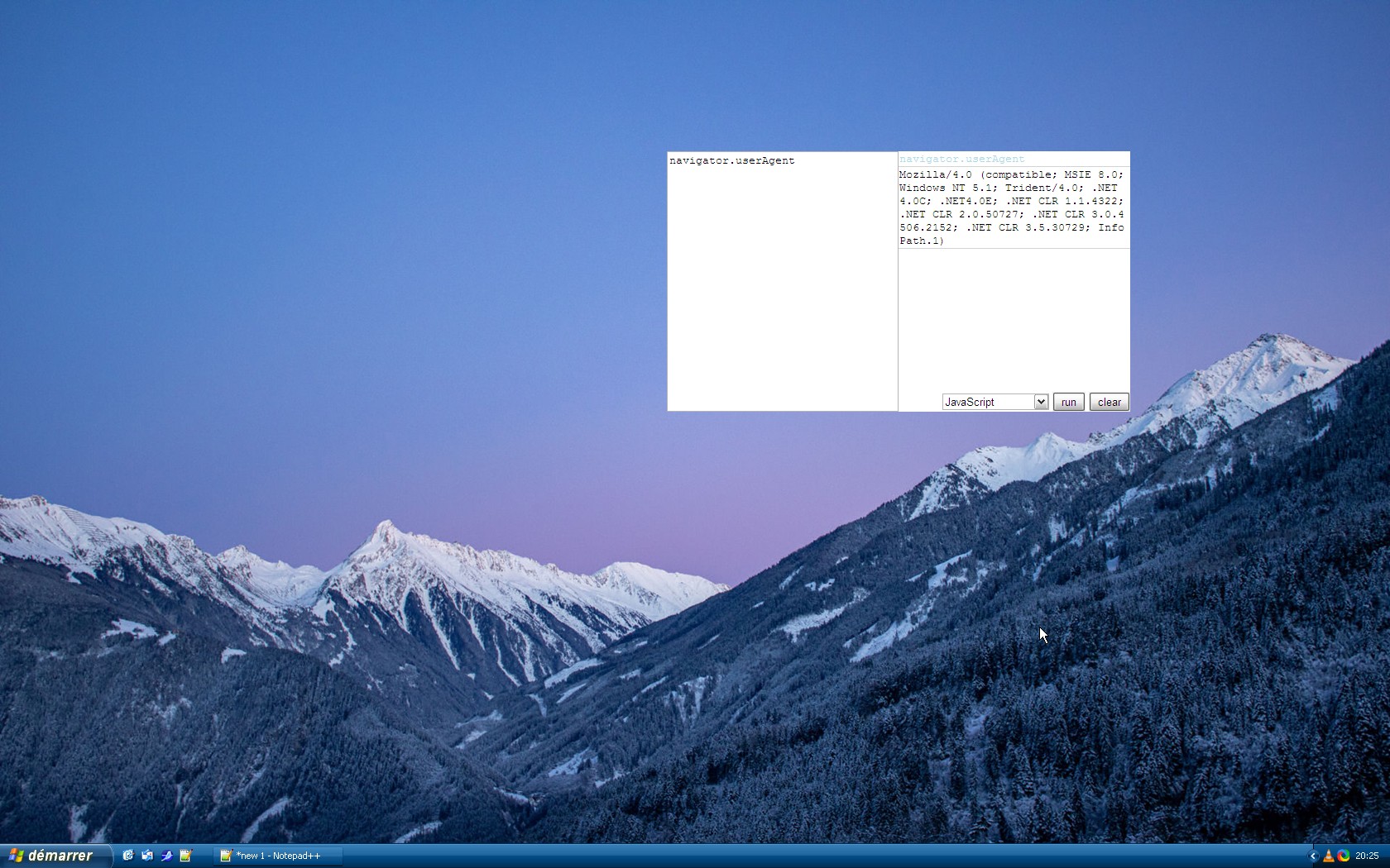 La console JavaScript sur le Bureau de Windows XP via Active Desktop
