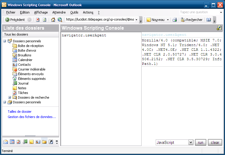 La console JavaScript dans Microsoft Office Outlook 2003